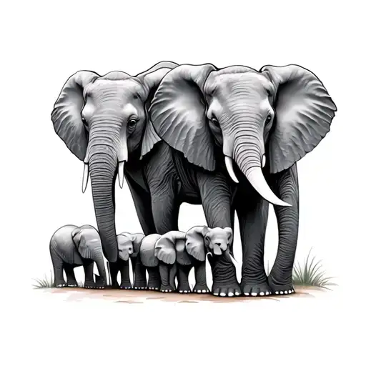 Family Of Elephants In A Line