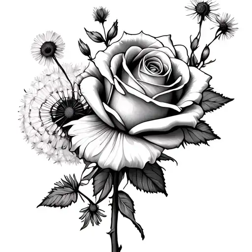 Rose Intertwined With Daisy Dandelion Marigold Flowers A Rose