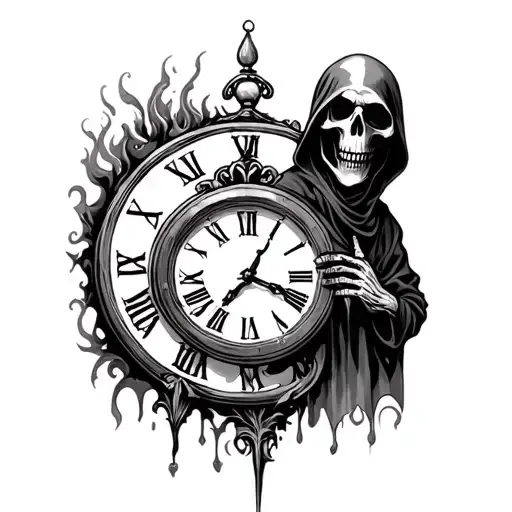 Grim Reaper With Clock With Time Waits For No One