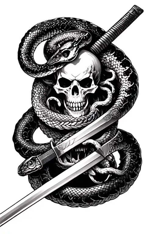 Katana With A Snake Wrappened And Below A Medusa With Skulls Aside