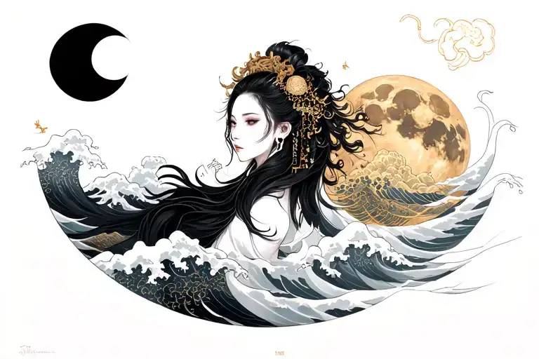 Leon Fu With Chinese Clouds Waves The Moon And Gold Above Her