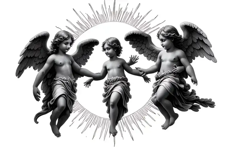 Tattoo Design Of Three Small Angels And Two Big Ones With Sunlight Around It