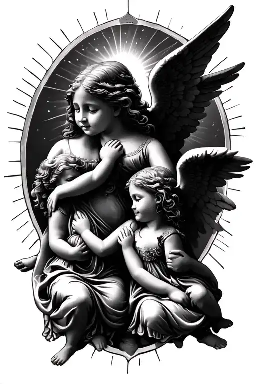 Tattoo Design Of Three Small Angels And Two Big Ones With Sunlight Around It