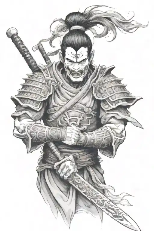 Full Sleeve With Samurai Warrior And Hannya And Oni Mask