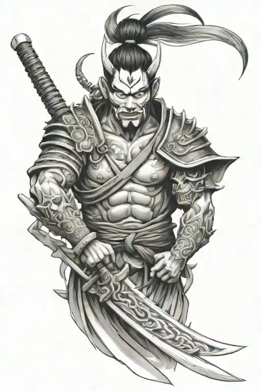 Full Sleeve With Samurai Warrior And Hannya And Oni Mask