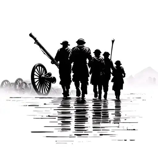 Silhouette Of Family Of Four Marching Towards Cannons
