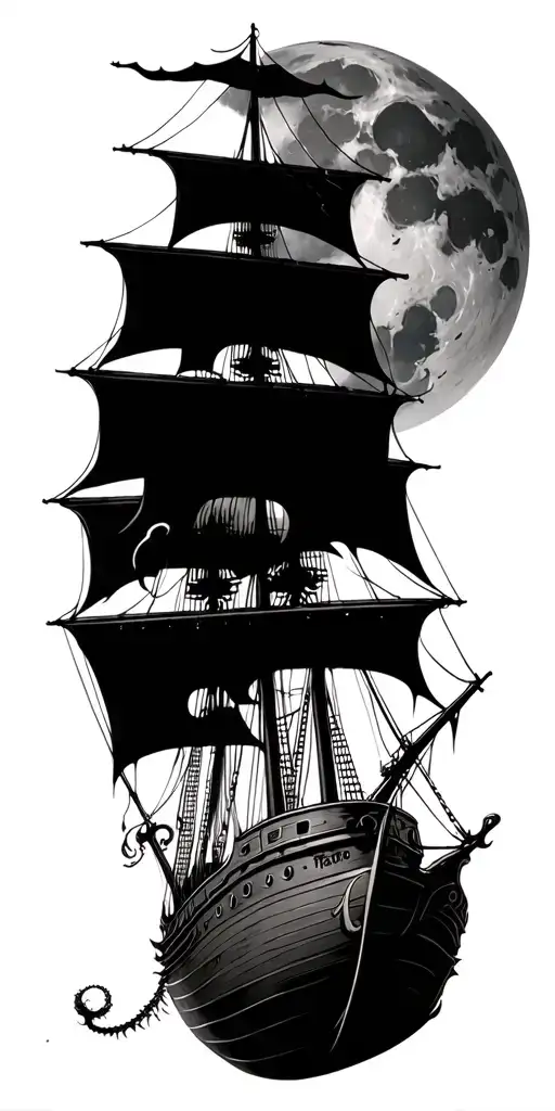 Ghost Pirate Ship With Kraken Underwater And A Blood Moon