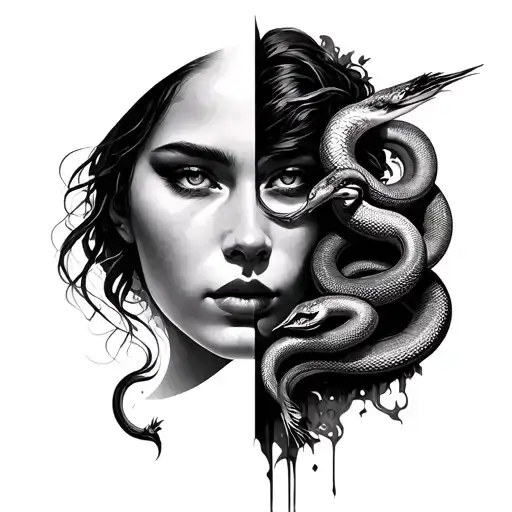 The Face Of A Beautiful Woman Divided By Half With A Crane And 4 Snakes
