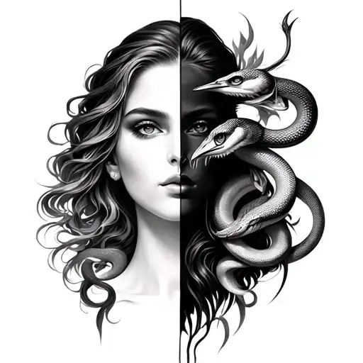 The Face Of A Beautiful Woman Divided By Half With A Crane And 4 Snakes