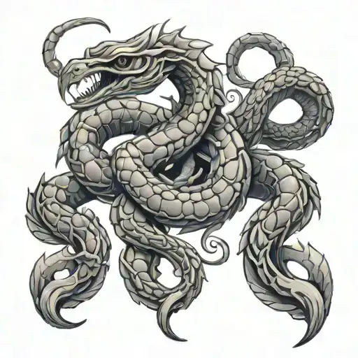 Scorpion Intertwined With Phoenix And Snake