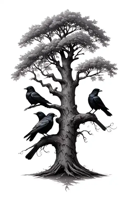 Oak Tree With 3 Crows Sitting