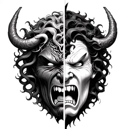 Angry Medusa And Oni Mask Split In Half
