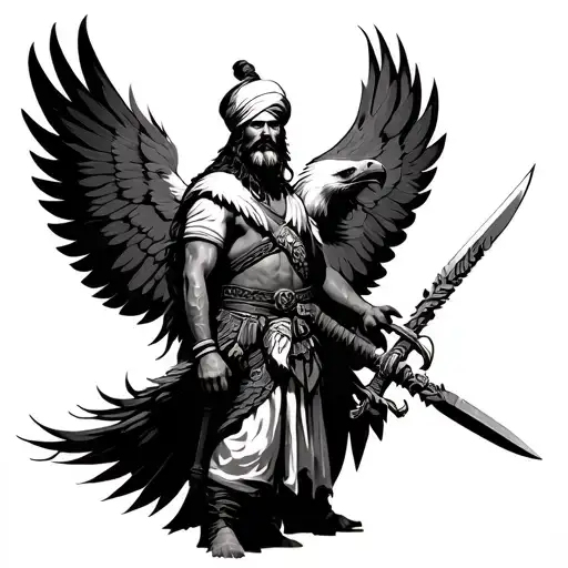 Sikh Warrior With Sord And Eagle With Wide Wings