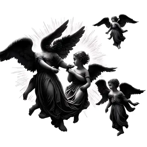 Tattoo Design Of Three Small Angels And Two Big Ones With Sunlight Around It