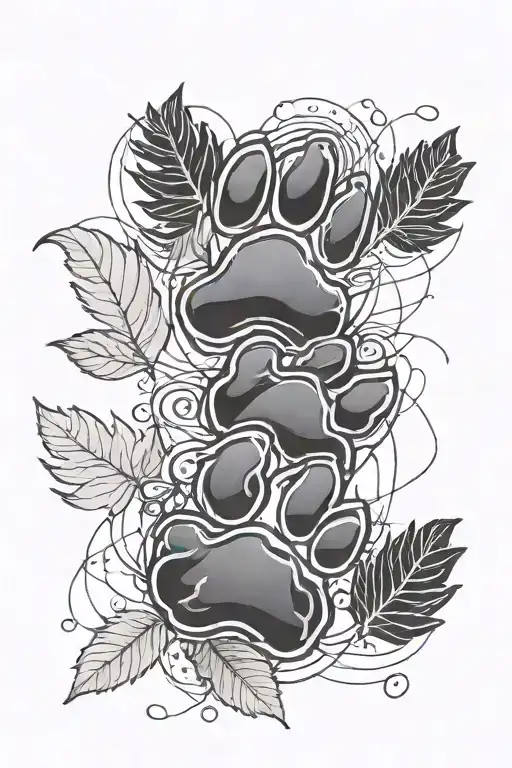 Two Dog Paw Print With Leaves And Lines