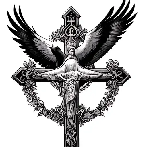 Orthodox Cross With Icon And Bird Flying
