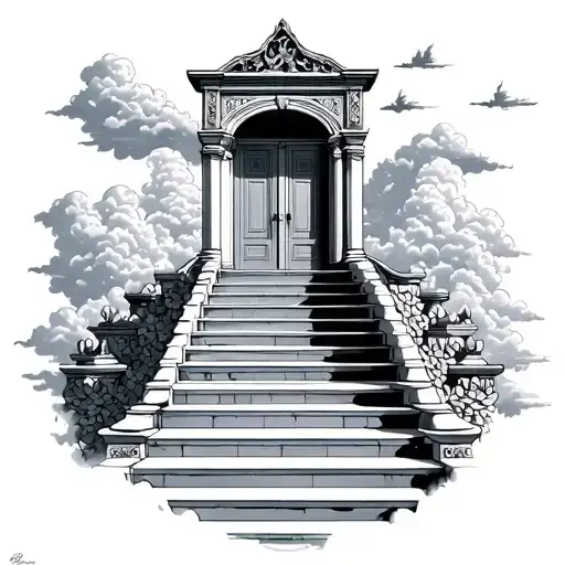 Doors Of Paradise And Stairs With Clouds Surrounding