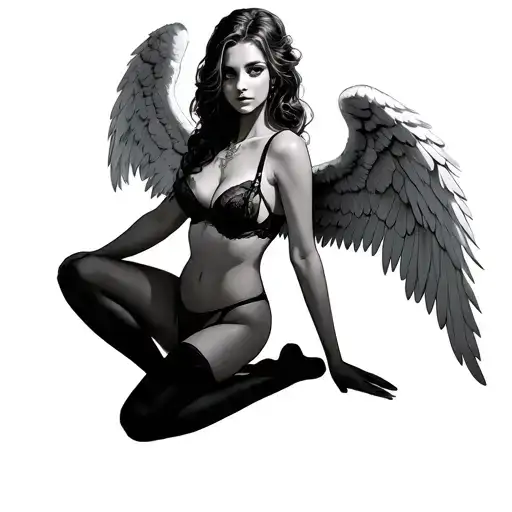 Sexy Angel In Lingerie Kneeling With Her Wings Spread