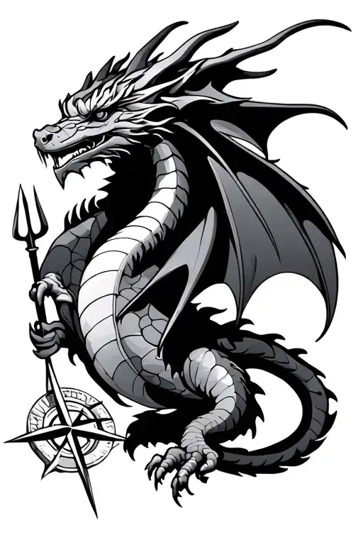 Dragon With Trident And Compass Rose Surrounded