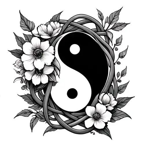 Witch Knot With Flowers And Yin Yang Symbol Intertwined