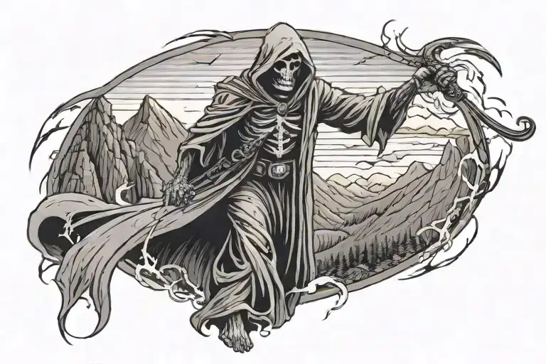 A Massive Grim Reaper Reaching Over The Hawaiian Mountains With Lightning All Around