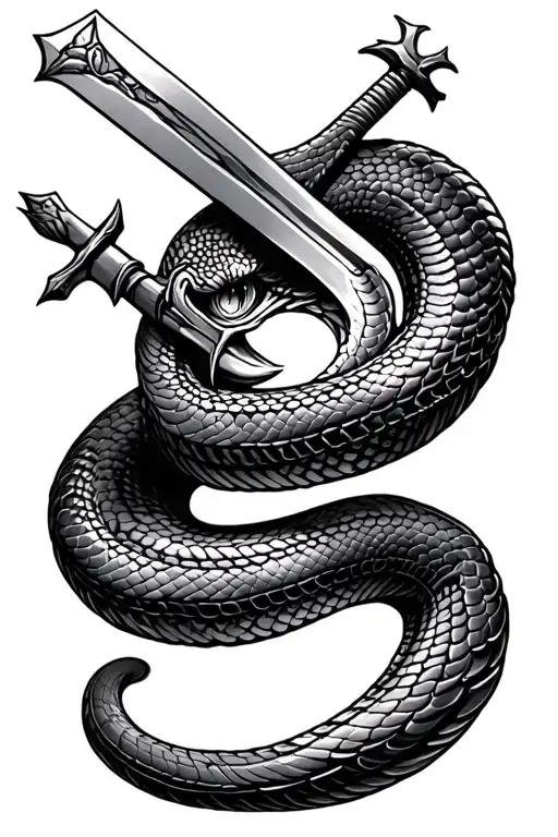 Snake Spiraling Up With A Sword In The Shape Of A Cross Through Its Head