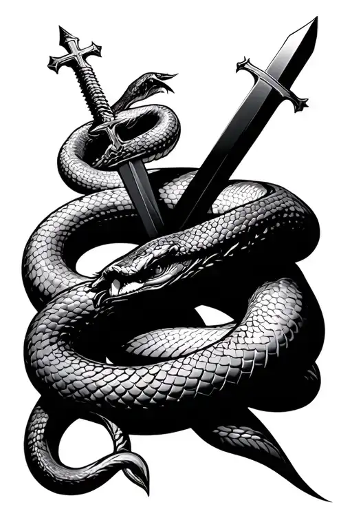 Snake Spiraling Up With A Sword In The Shape Of A Cross Through Its Head