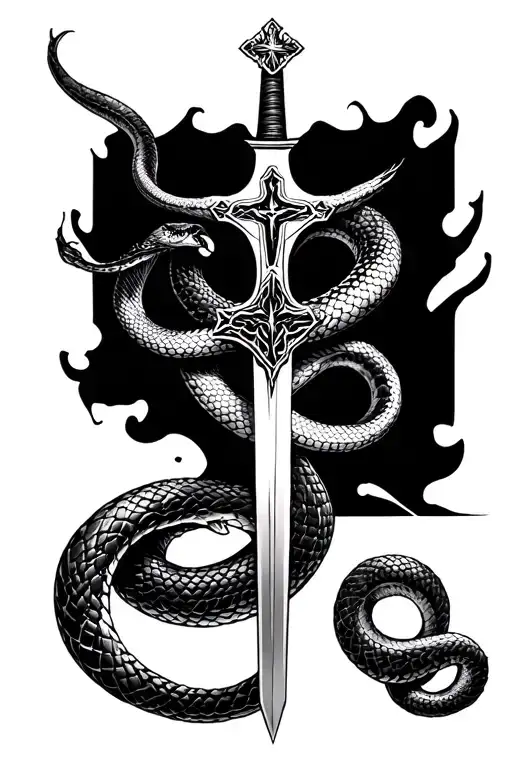 Snake Spiraling Up With A Sword In The Shape Of A Christian Cross Through Its Head