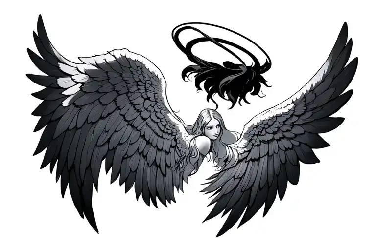 Fine Line Angel Wings With Halo