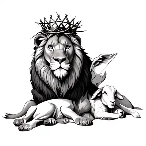 Lion With Crown Of Thorns And A Lamb Peacefully Lying