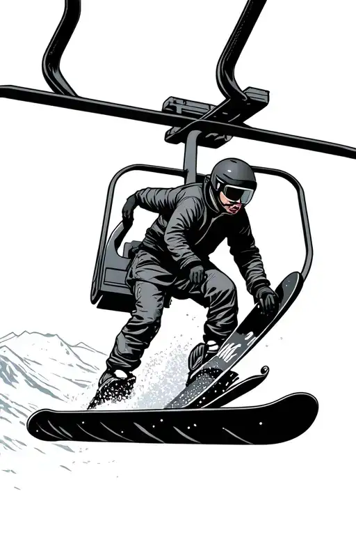 Ski Lift Going Down A Mountain With A Snowboarder Going Through Powder