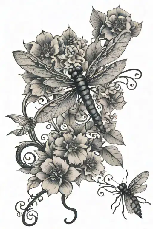 Dragonfly With Flowery Vine Going Through It With A Bird On Top And Ladybug On Bottom