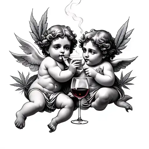 Cherubs Smoking Marijuana And Drinking Wine
