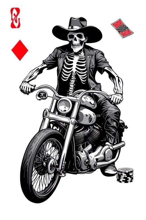 Poker Chips And Cards With Western Skeleton Riding Chopper Sleeve