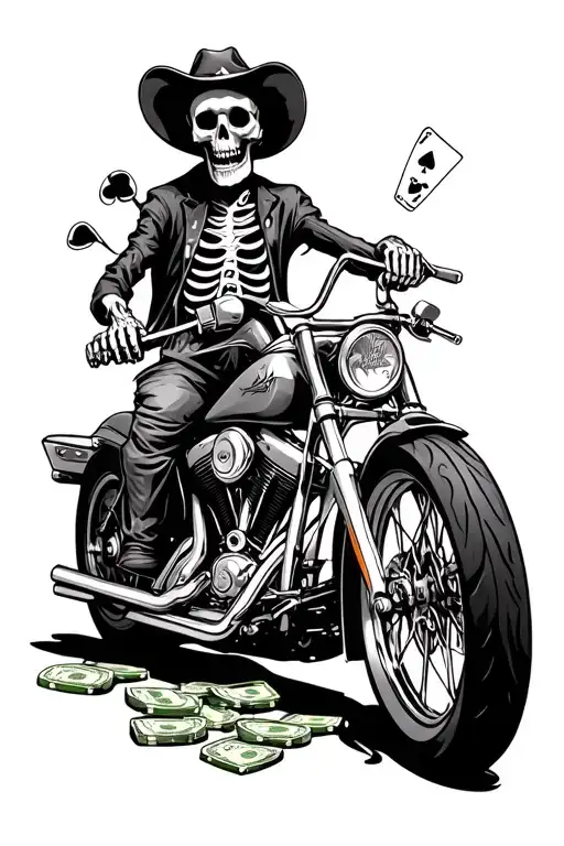 Western Skeleton Riding Chopper With Poker Chips And Money Realistic