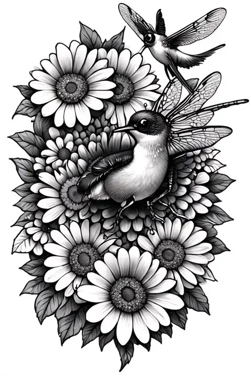 Mandala Daisies Bee Hummingbird Dragonfly