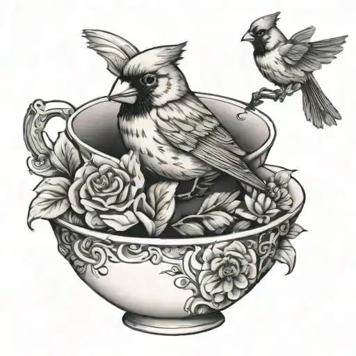 Tea Cup With Cardinal Perched