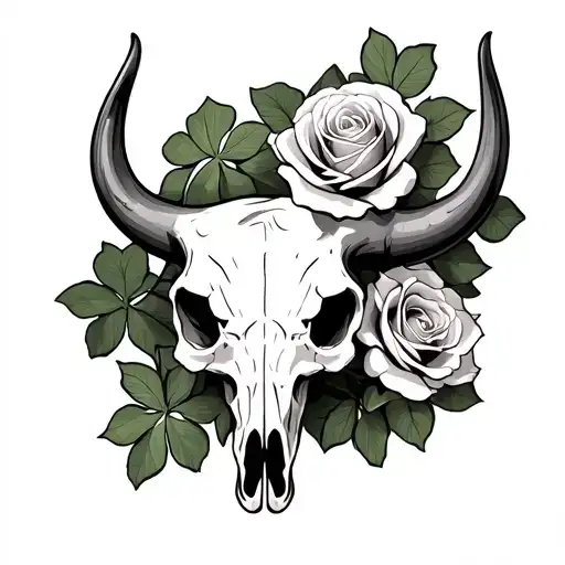 Bull Skull And 3 Roses Blooming And A Shamrock