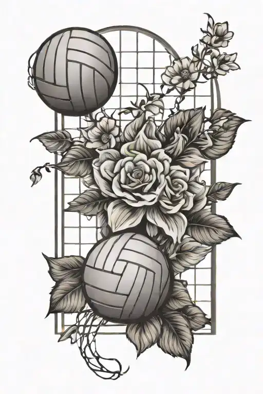 Volleyball And Flowers With Volleyball Net