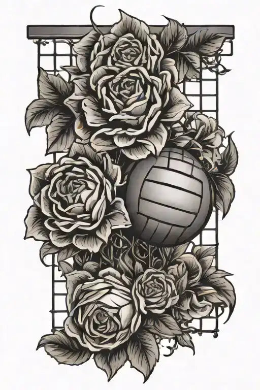 Volleyball And Flowers With Volleyball Net