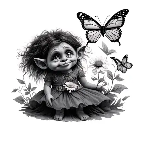 Troll With Big Eyes And A Dress Holding A Flower And Butterfly Around It