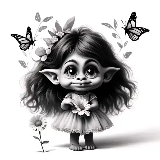 Troll With Big Eyes And A Cute Face In A Dress Holding A Flower And Butterfly Around It