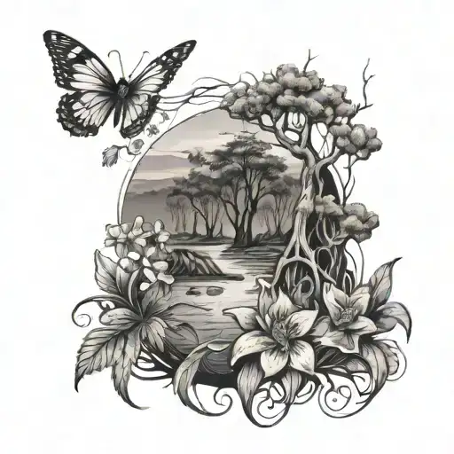 Feminine Swamp Tattoo With Cypress Tree With Roots Surrounded By Swamp Violets And Primrose