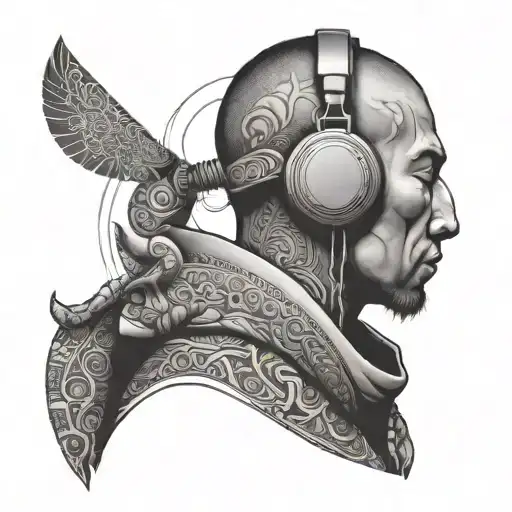 Monk With Headphones Meditation Side Design Mandala And Geometric