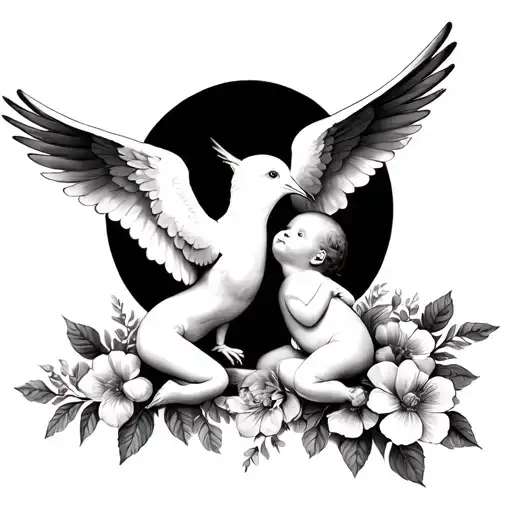 Dove And Twin Angel Babies And Tree Flowers