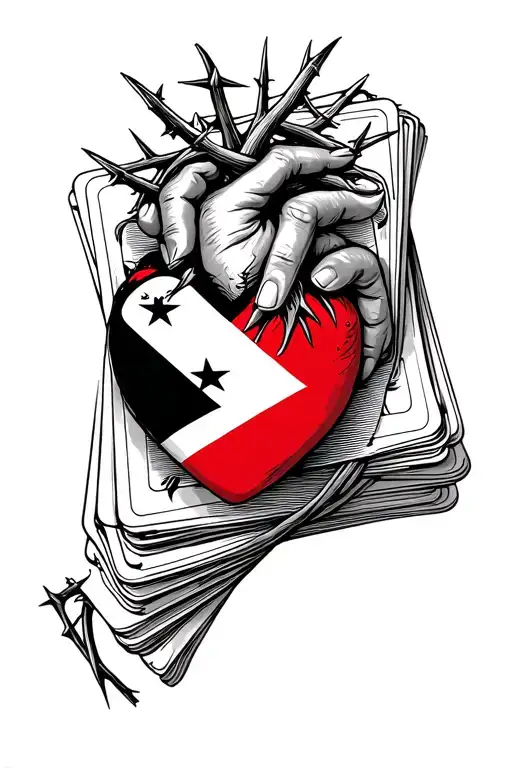 Heart With Thorns Wrapped Creation Of Adam Fingers And Angola Flag In Stack Of Cards