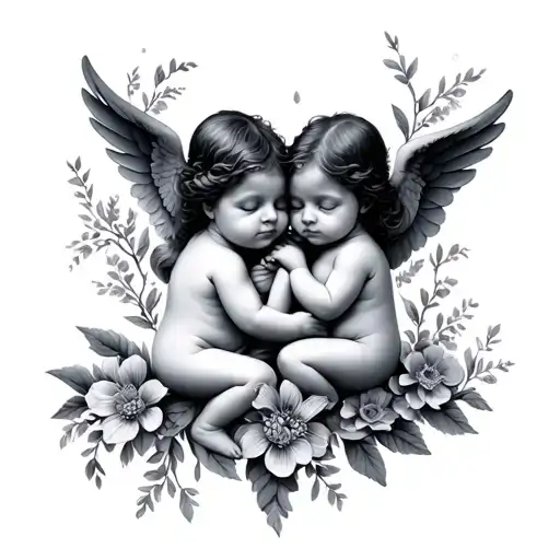 Twin Angel Babies And Tree Flowers