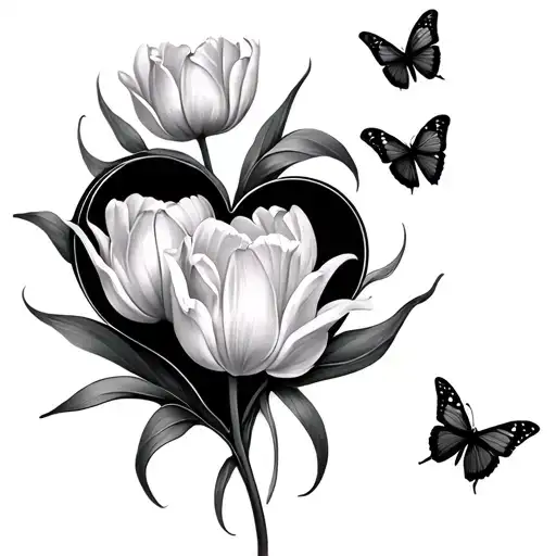 Heart And Butterflies Between Tulips