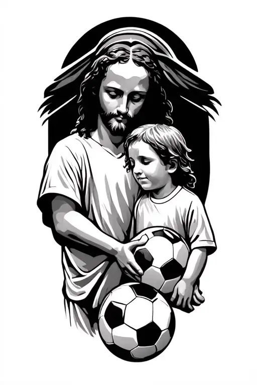 A Kid With A Soccer Ball And Jesus Guiding Him