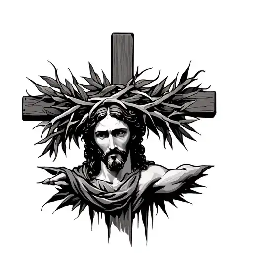 God Jesus Christ With A Cross And A Plant Crown Of Thorns
